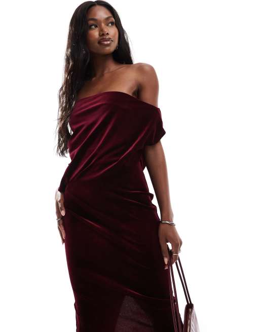 ASOS DESIGN dramatic neckline velvet midi dress in burgundy ASOS