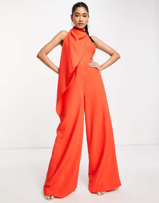 Red Drape One Shoulder Jumpsuit