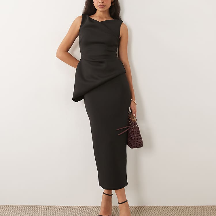 asos edition drape asymmetric midi dress in velvet this dress makes a romantic style statement at cocktail events and elegant evenings out ASOS EDITION drape asymmetric linen