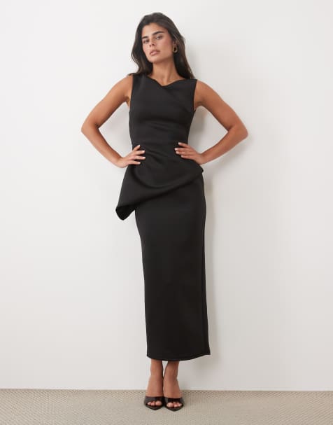 ASOS DESIGN drape asymmetric midi dress in black scuba-style fabric - view 1