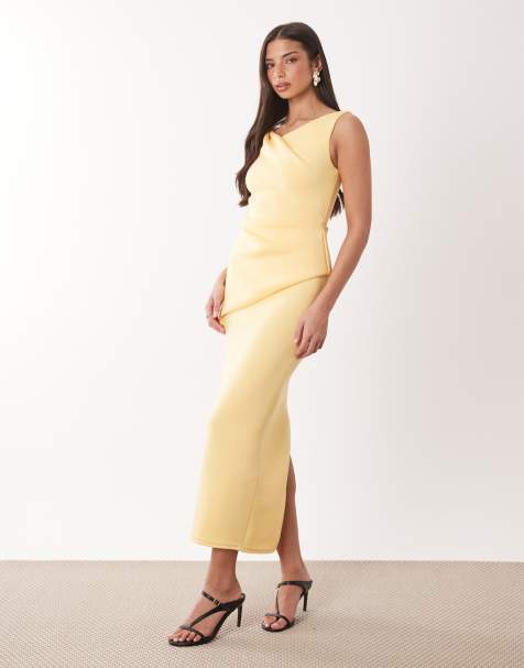 ASOS DESIGN drape asymmetric midi dress in lemon scuba-style fabric
