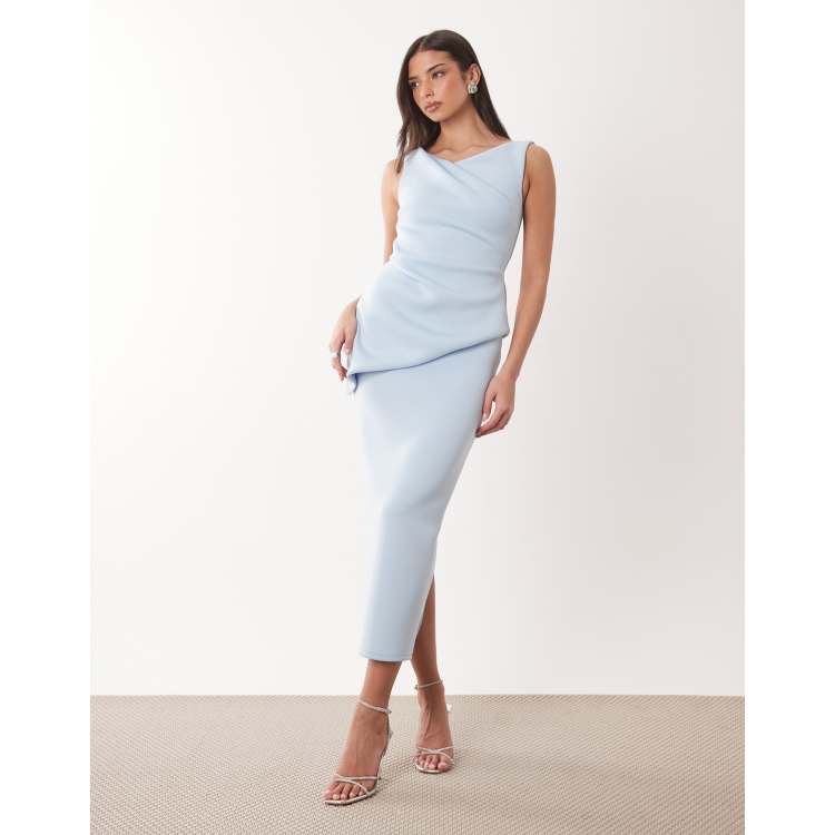 asos edition drape asymmetric midi dress ASOS DESIGN Tall satin drape asymmetric cutout midi dress in blue abstract  print