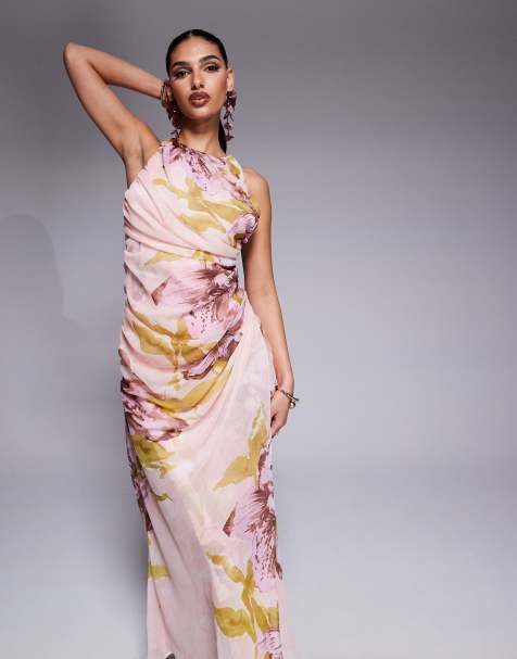 ASOS DESIGN drape asymmetric open back maxi dress in oversized pink floral print - view 1