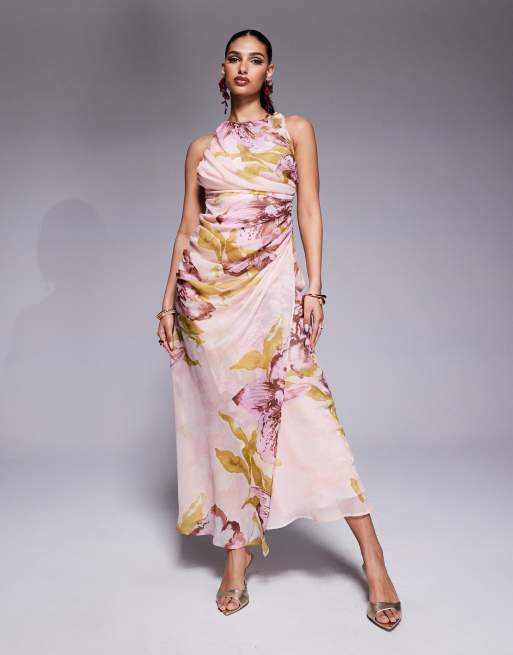 ASOS DESIGN drape asymmetric open back maxi dress in oversized pink floral print