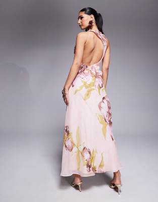 ASOS DESIGN drape asymmetric open back maxi dress in oversized pink floral  print