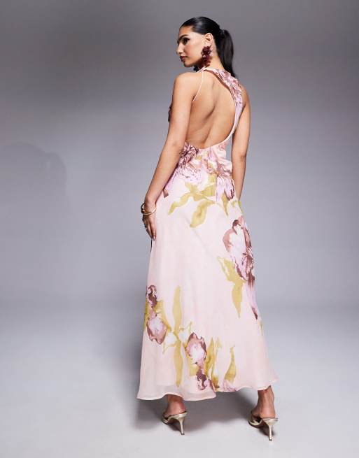 ASOS DESIGN drape asymmetric open back maxi dress in oversized pink floral print