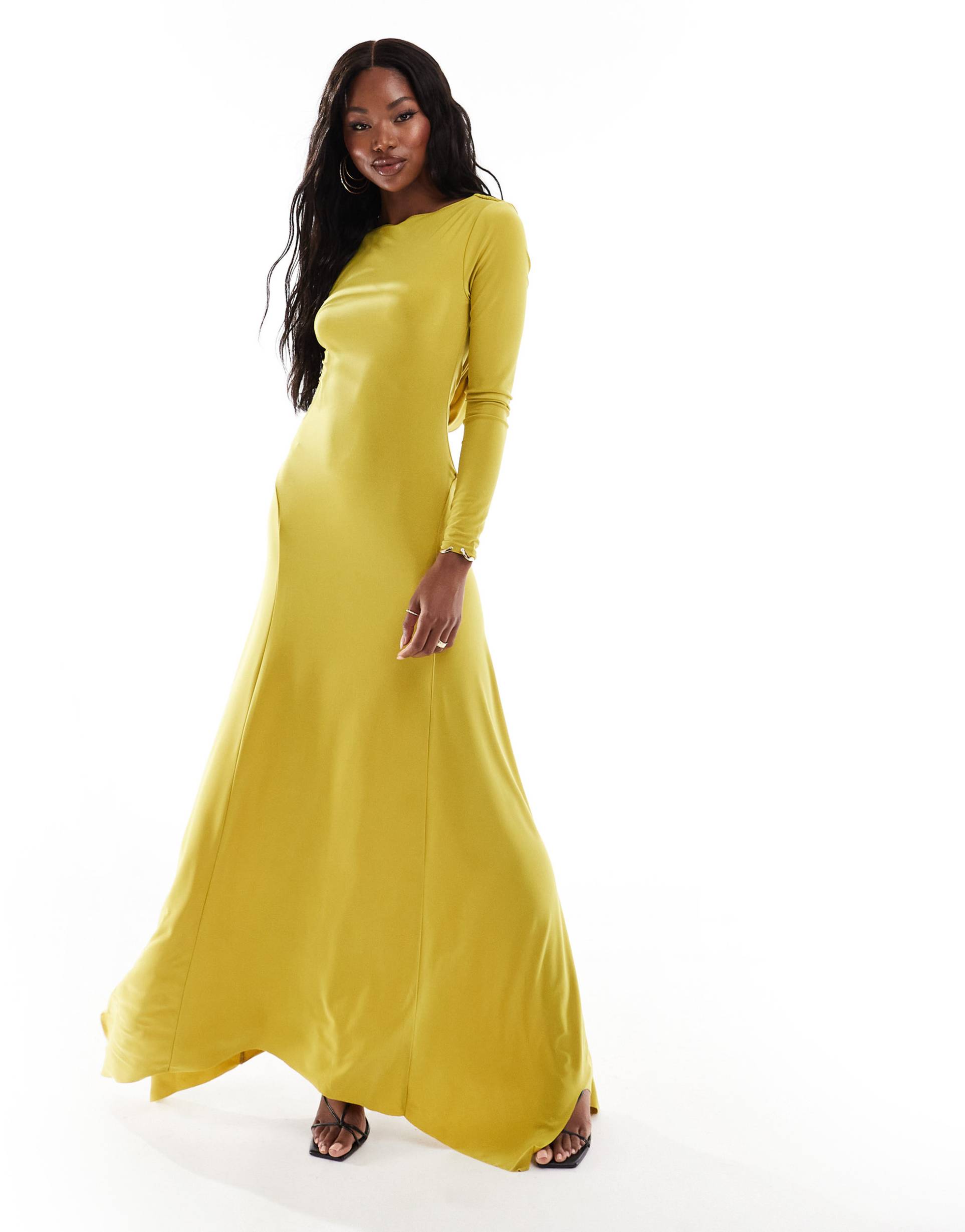 asos design drape back long sleeve maxi dress with godet hem detail in lime