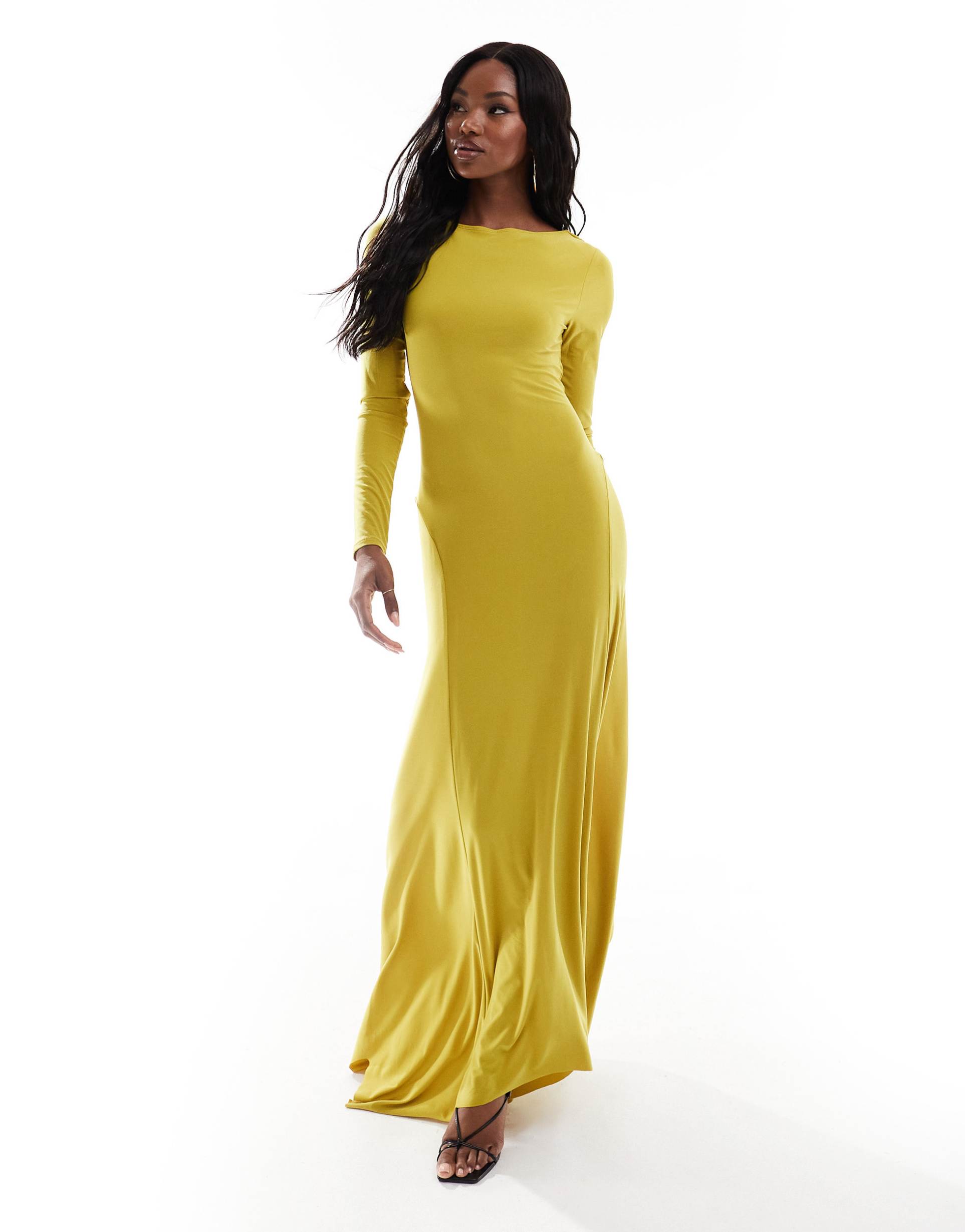 asos design drape back long sleeve maxi dress with godet hem detail in lime