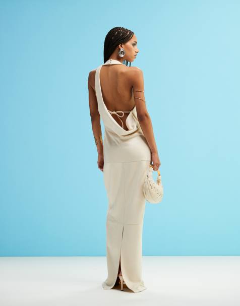 ASOS DESIGN drape back suede midi dress in cream - view 1