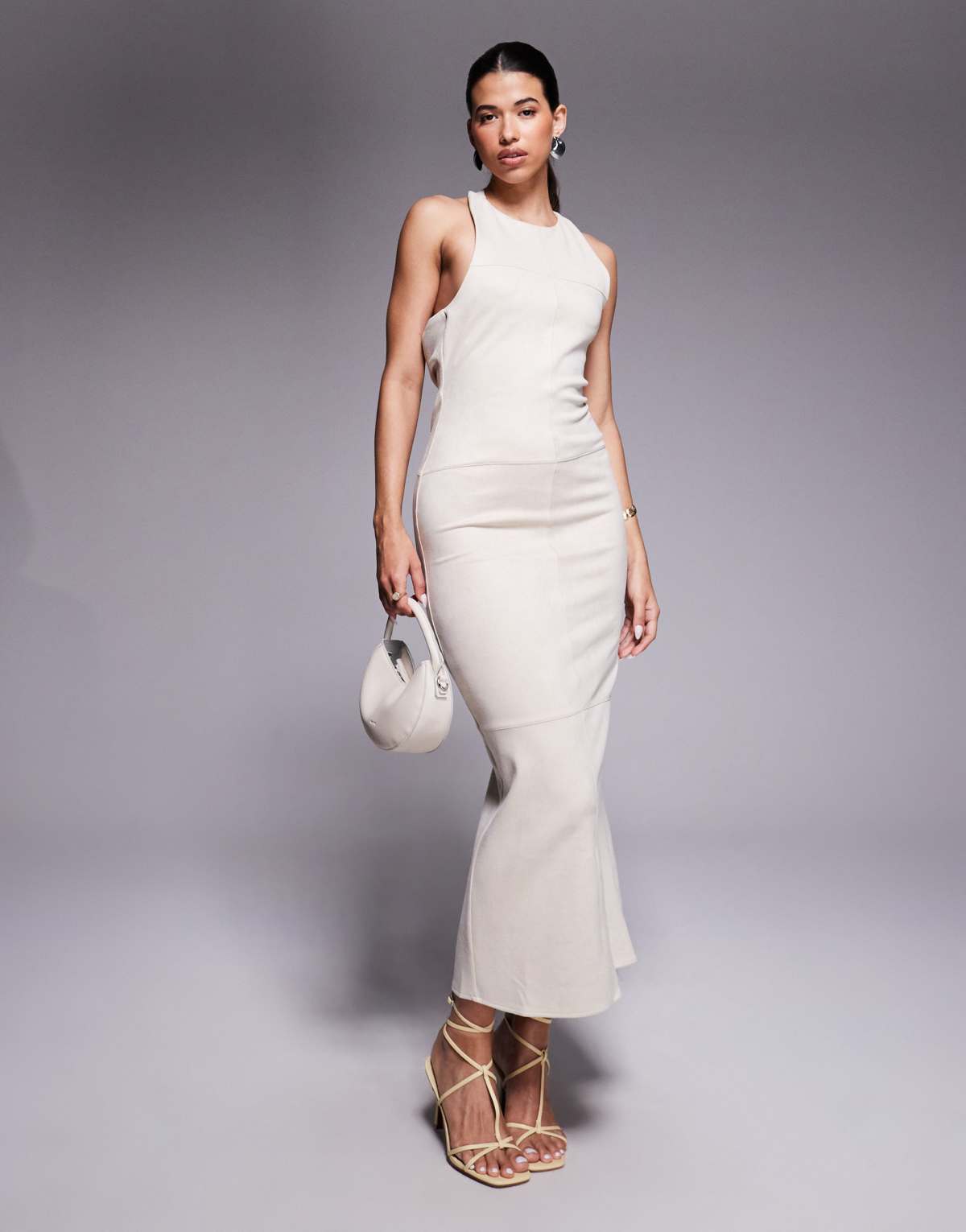 ASOS DESIGN drape back suede midi dress in cream