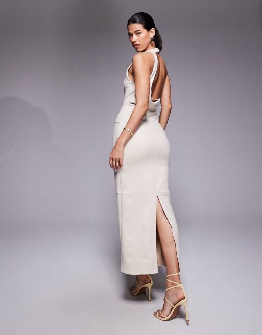 ASOS DESIGN drape back suede midi dress in cream