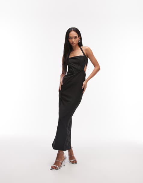 ASOS DESIGN drape bandeau corset maxi dress with waist cut out in black scuba-style fabric - view 1