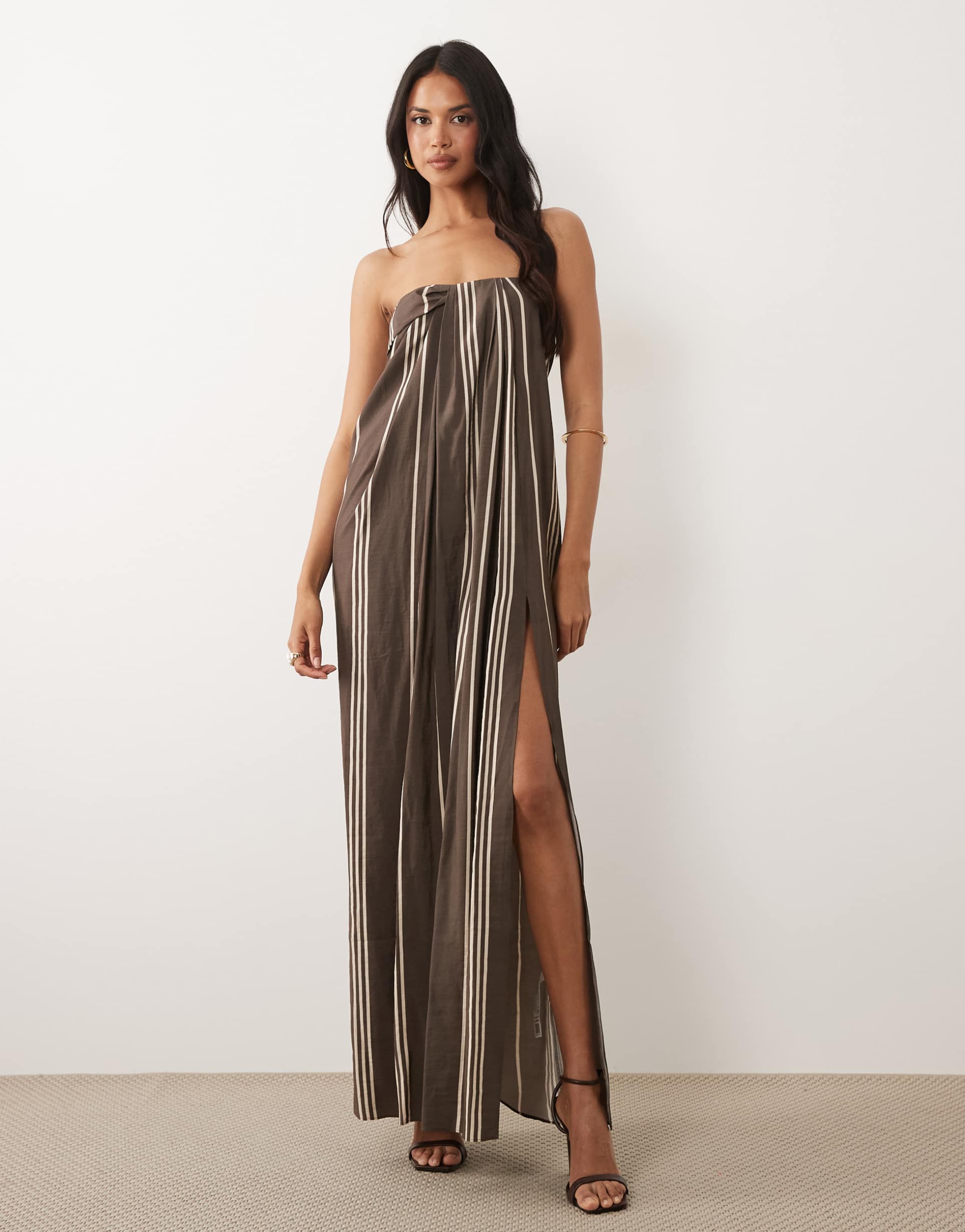 asos design drape bandeau maxi dress in striped print