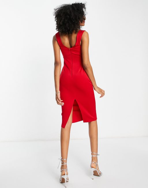 Passionista Red Bardot Bodycon Strapless Midi Dress