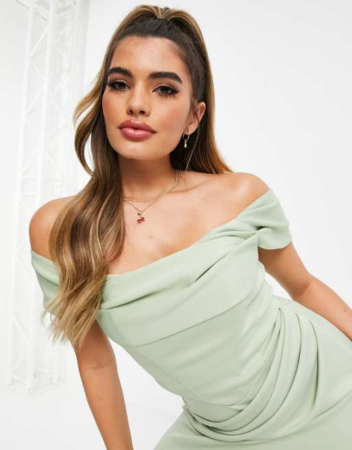 ASOS DESIGN drape bardot corset pencil midi dress in sage