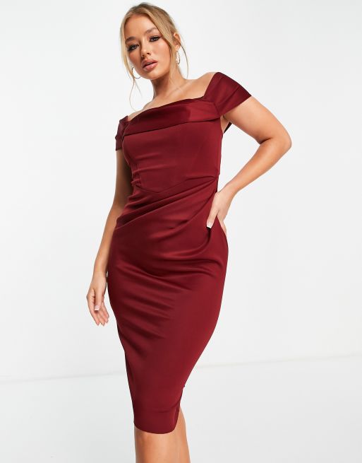 ASOS DESIGN drape bardot corset pencil midi dress in wine