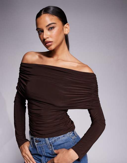 ASOS DESIGN drape bardot long sleeve top in chocolate