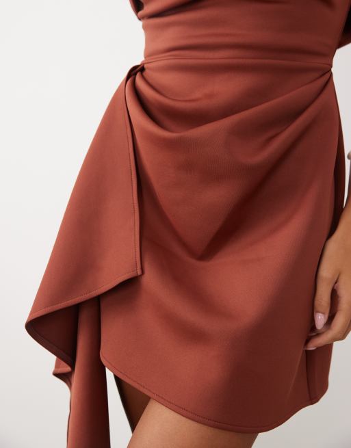 ASOS DESIGN drape bardot mini dress with asymmetric skirt in brown scuba-style fabric, 3 of 4