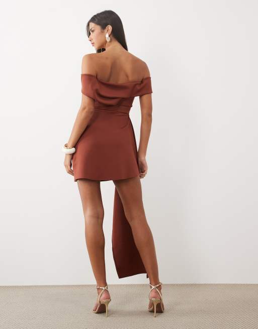 ASOS DESIGN drape bardot mini dress with asymmetric skirt in brown scuba-style fabric, 4 of 4