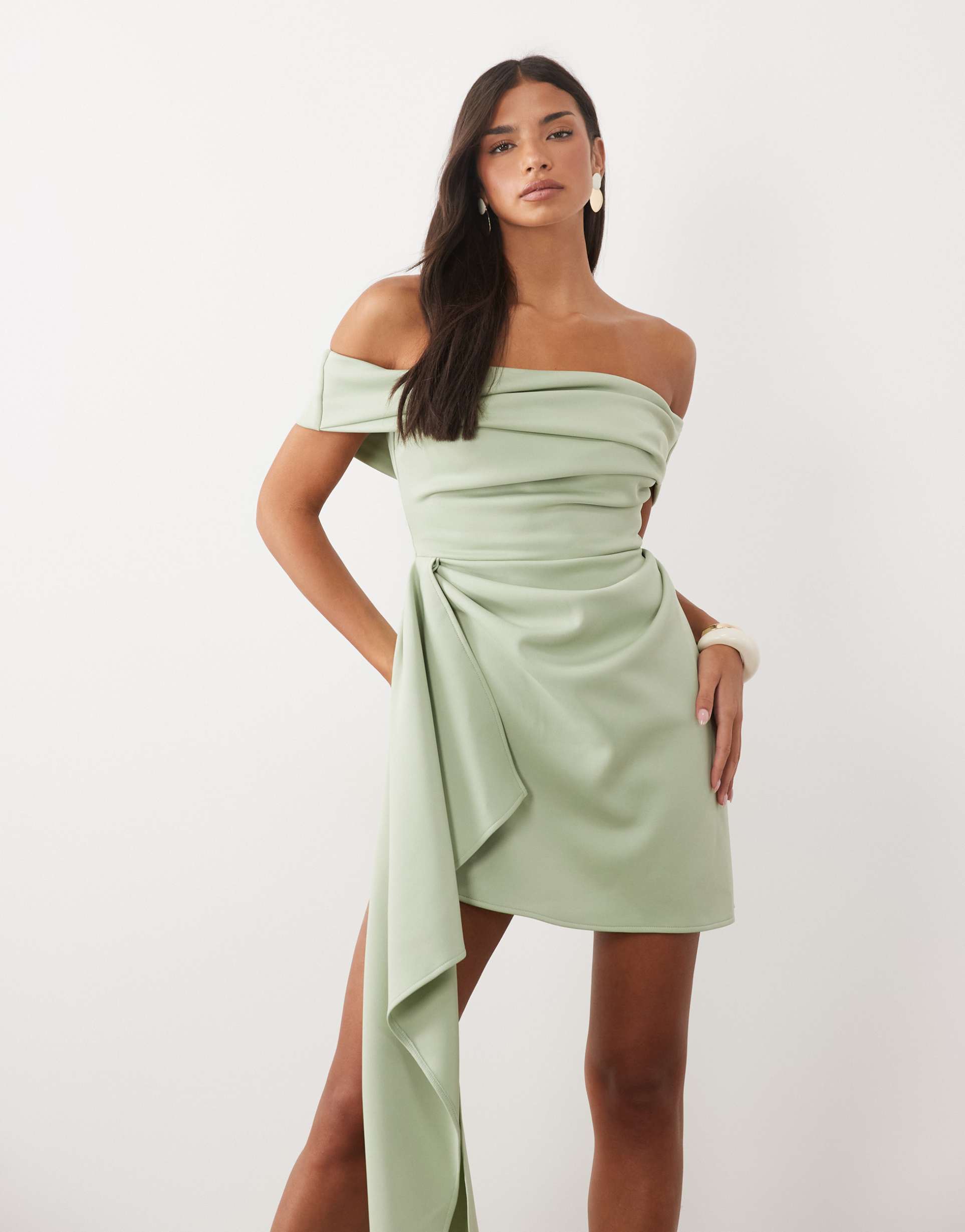 asos design drape bardot mini dress with asymmetric skirt in sage scuba-style fabric
