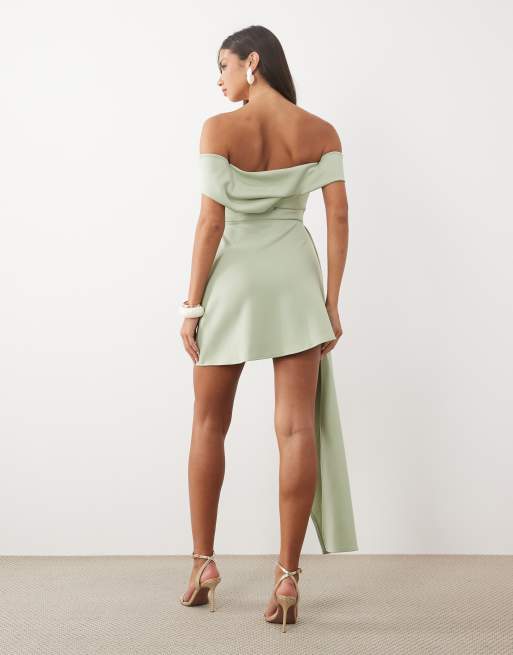 ASOS DESIGN drape bardot mini dress with asymmetric skirt in sage scuba-style fabric, 4 of 4