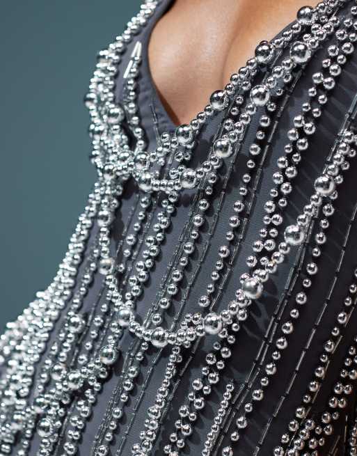 ASOS DESIGN drape beaded halter embellished mini dress in charcoal