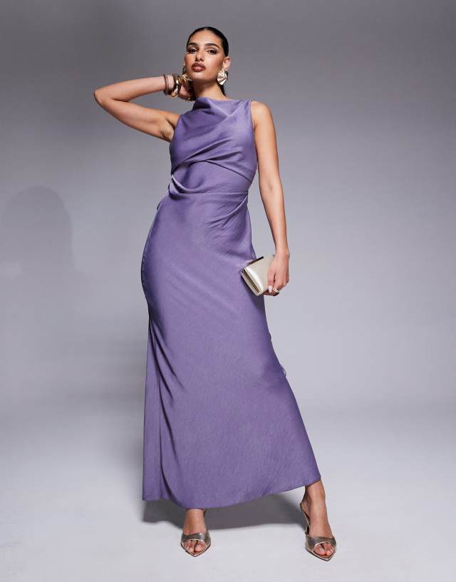 asos design fringe cowl halter maxi dress in purple drape bodice with back detail Chiffon maxi