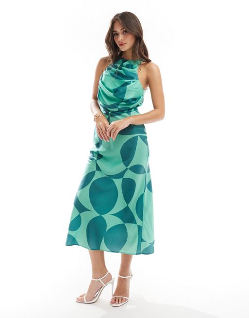FhyzicsShops DESIGN drape bodice midi dress in green abstract print