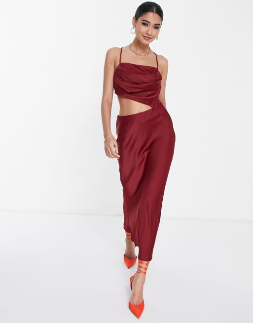ASOS DESIGN Drape bodice midi slip dress with side cut out detail in satin