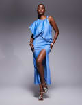 [ASOS DESIGN] ASOS DESIGN drape bodice satin midi dress with trim detail in blue 10 BLUE