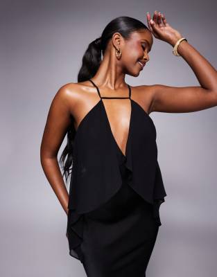 asos design drape bodice satin mix maxi dress with tie back in black