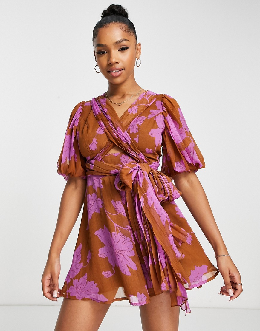 ASOS DESIGN drape chiffon flippy playsuit in rust floral print-Multi