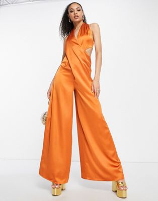 ASOS DESIGN drape cross front halter jumpsuit with cut out in copper