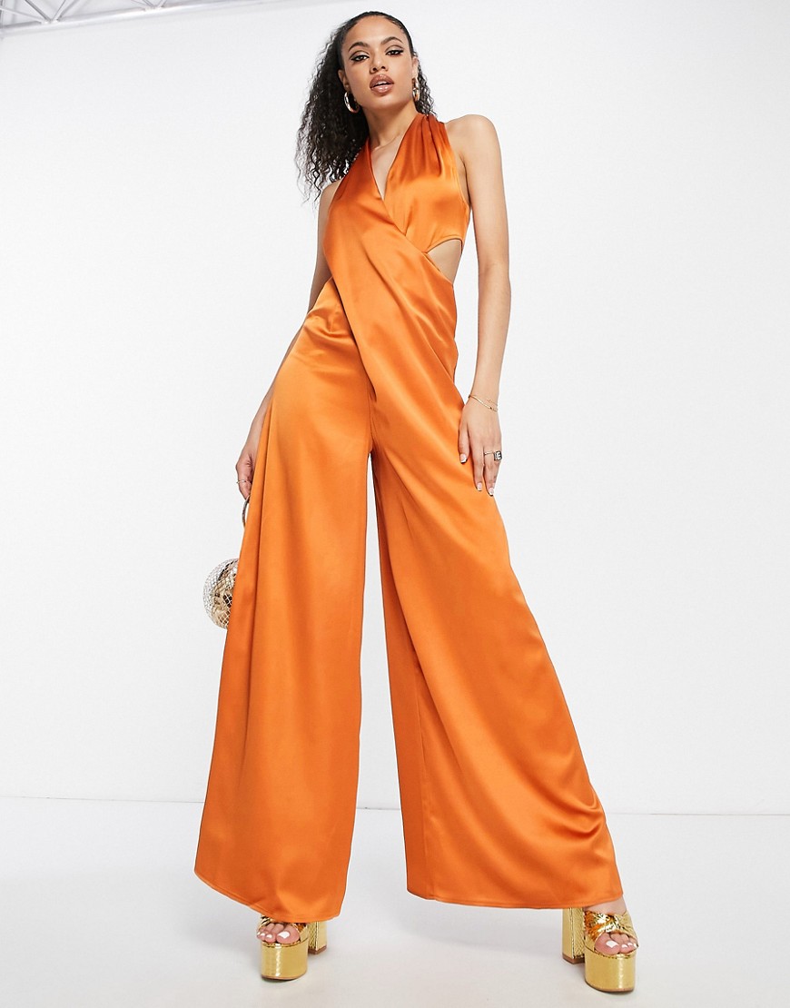 ASOS DESIGN drape cross front halter jumpsuit with cut out in copper-Orange