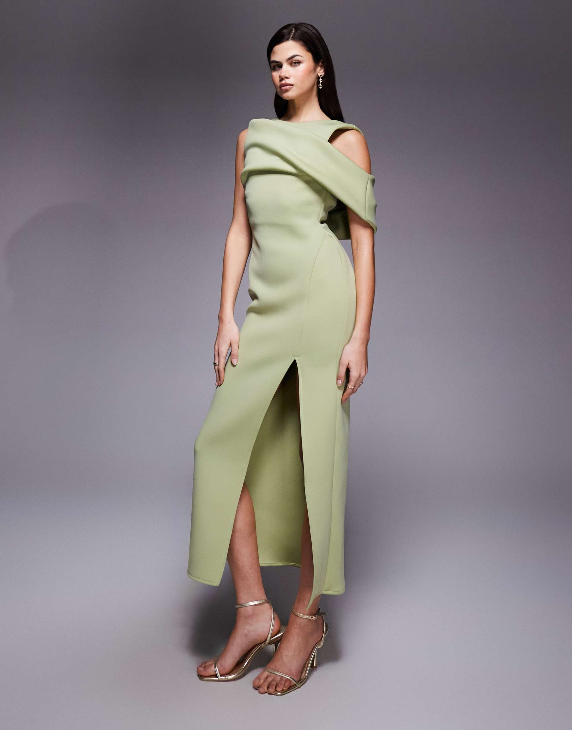 asos design drape cut out shoulder pencil dress in sage green scuba-style fabric