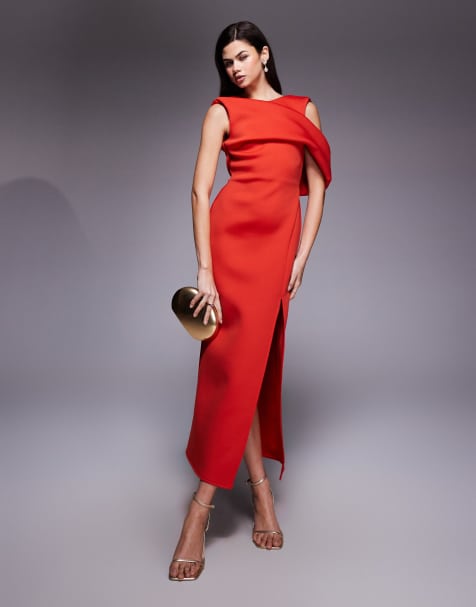 ASOS DESIGN drape cut out shoulder pencil midi dress in red scuba-style fabric - view 1