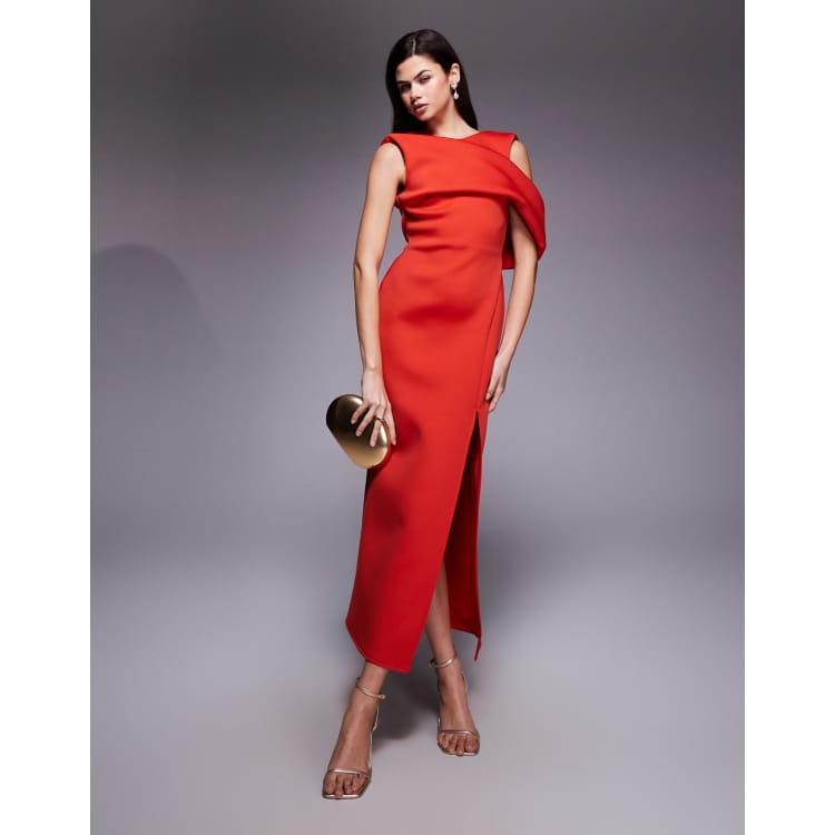 ASOS DESIGN drape cut out shoulder pencil midi dress in red scuba-style fabric