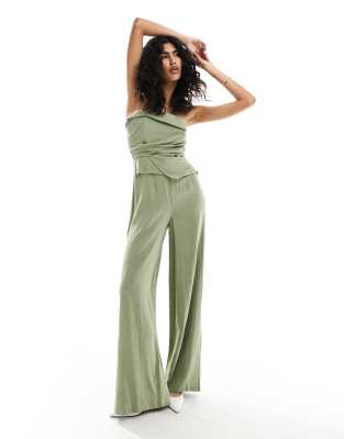 Asos Design Drape Detail Bandeau Jumpsuit In Khaki Linen-Green