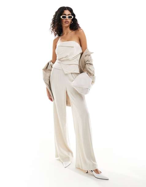 ASOS DESIGN drape detail bandeau jumpsuit in oatmeal linen mix - view 1