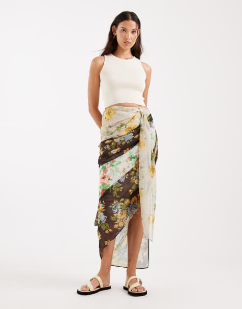ASOS DESIGN drape detail chiffon maxi skirt in mixed print (part of a set) - view 1