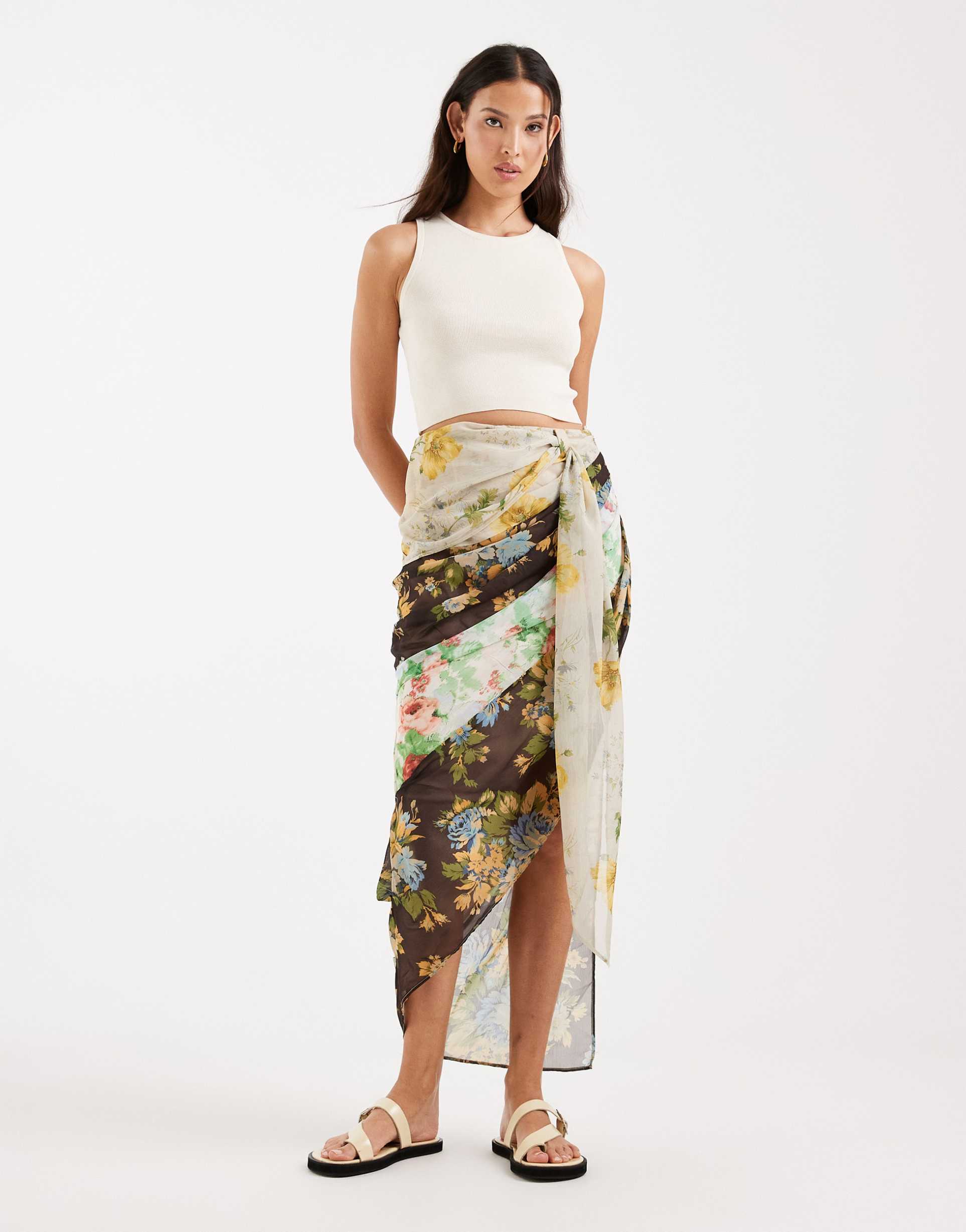 asos design drape detail chiffon maxi skirt in mixed prints - part of a set