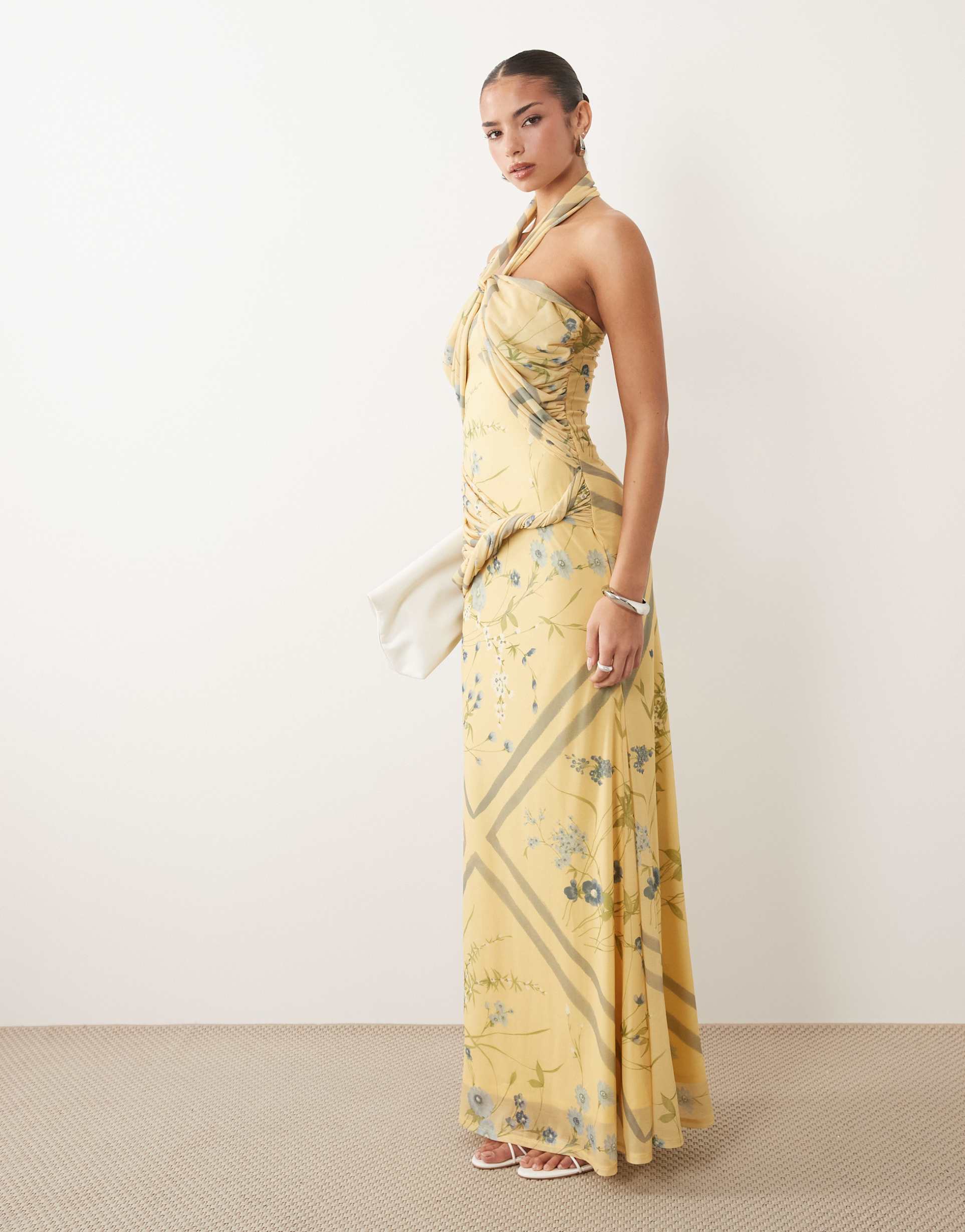 asos design drape detail halterneck floral maxi dress in yellow