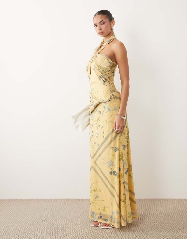 asos yellow halter neck dress DESIGN drape detail halterneck floral maxi in cropped hem