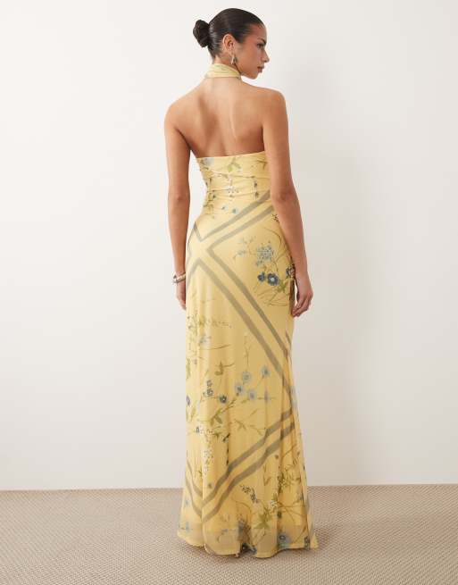 ASOS DESIGN drape detail halterneck floral maxi dress in yellow, 3 of 4