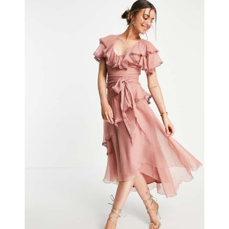 asos design embellished detail draped chiffon dress ASOS DESIGN drape detail midi dress in textured chiffon with tie detail