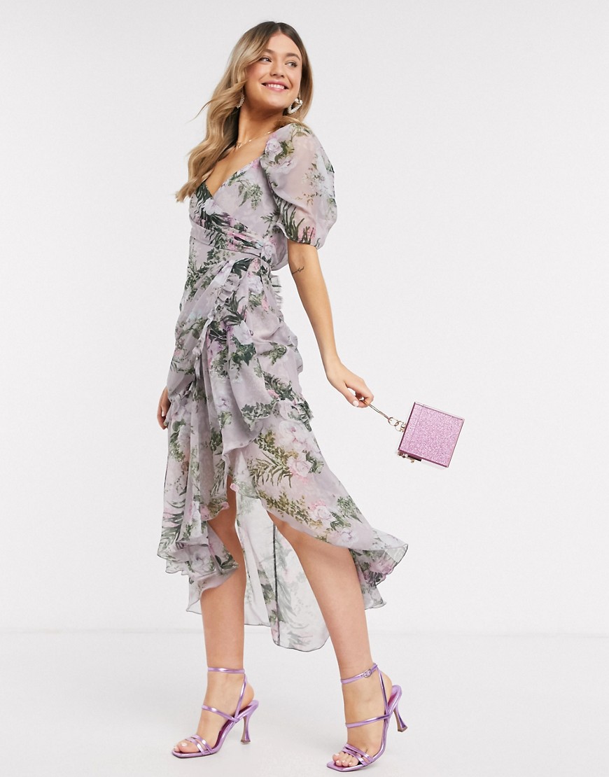 Asos Design Drape Detail Midi Dress With Wrap Skirt And Raw Edge Detail Rose Floral-multi