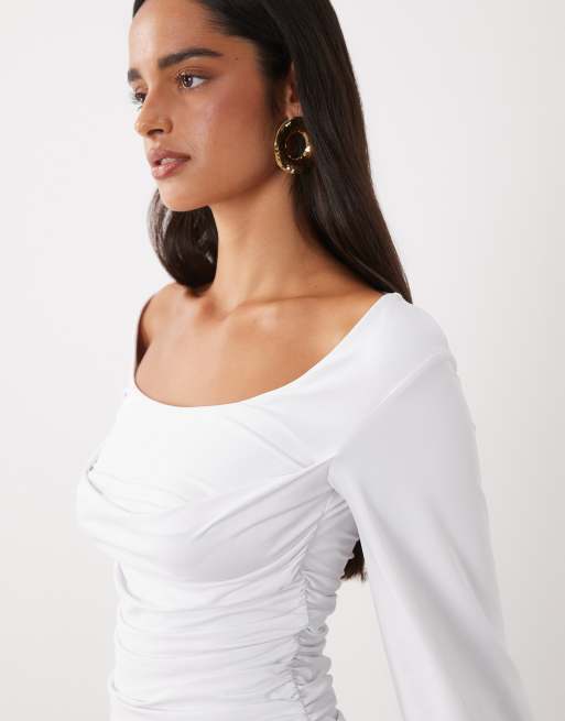 ASOS DESIGN drape detail polyamide long sleeve top in ecru, 3 of 4