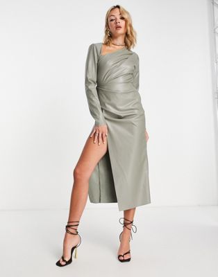 Asos Design Drape Detail Pu Midi Dress With Wrap Skirt In Khaki-green