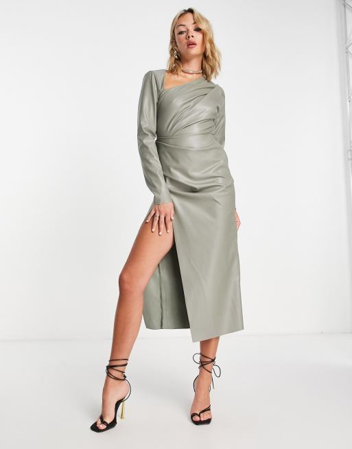 ASOS DESIGN drape detail PU midi dress with wrap skirt in khaki | ASOS