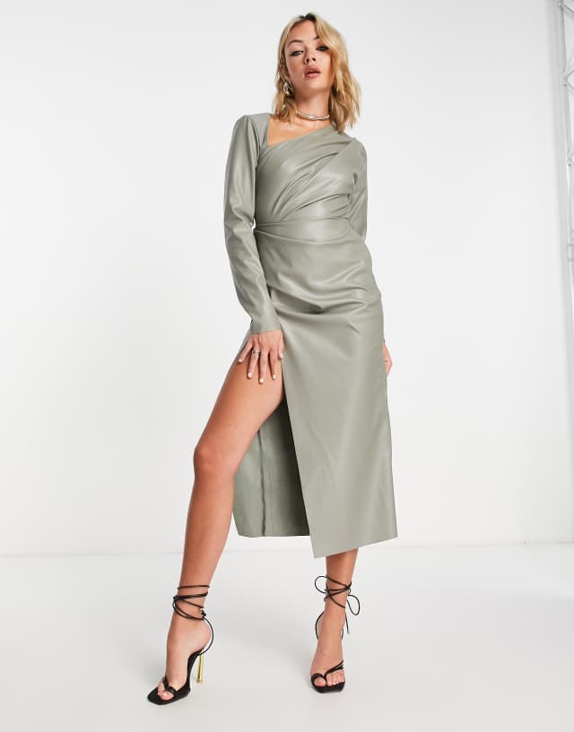 ASOS DESIGN drape detail PU midi dress with wrap skirt in khaki